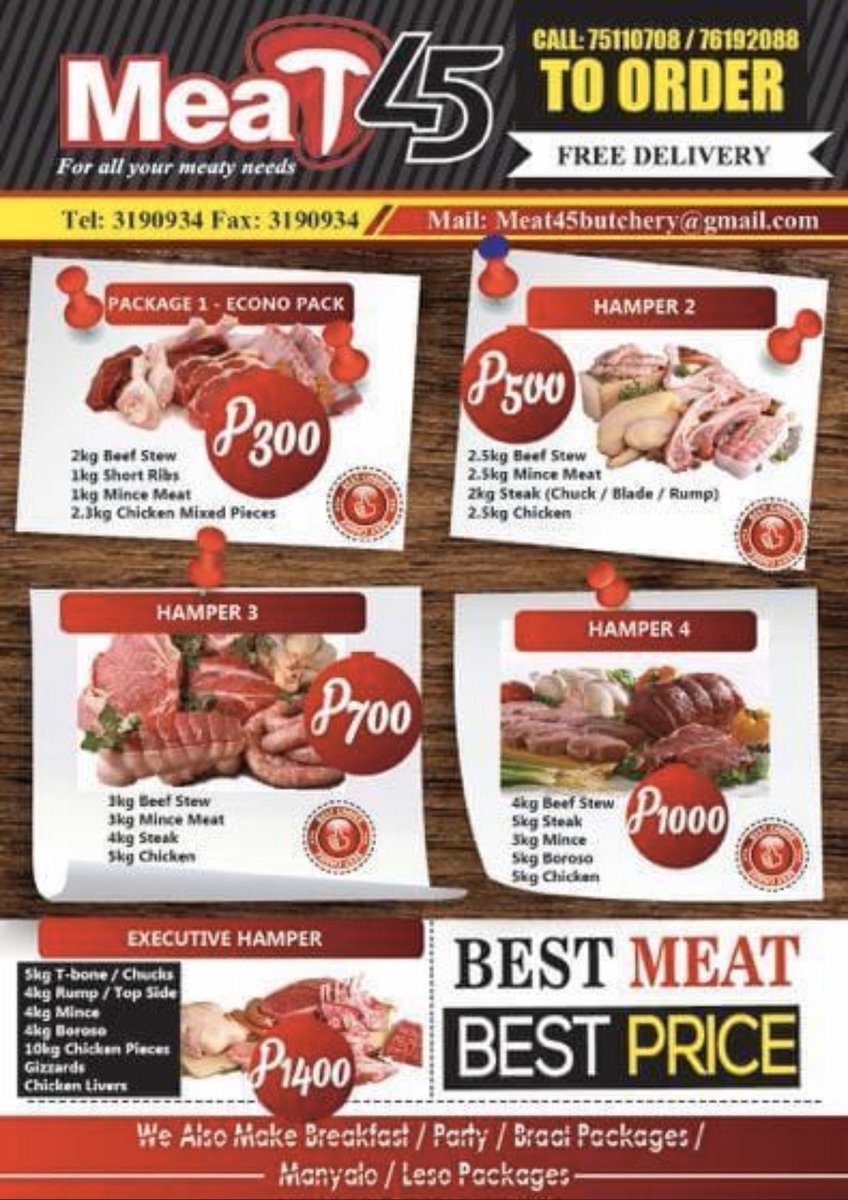 Meat45 they are a butchery that does deliveries . So for your meat needs Call for orders and deliveries 75110708