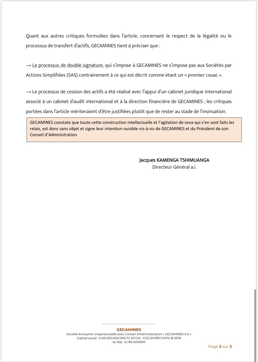 Le communiqué de presse de <a href="/Gecamines/">Gécamines</a> en rapport avec le processus de filialisation de STL.