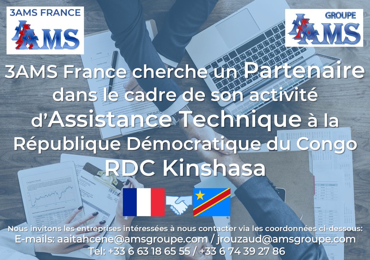 AMS_Groupe's tweet photo. 3AMS #France company of the Group AMS is looking for its #Partner in the #DRCongo #kinshasa for its #Technical #Administrative &amp; #Logistics #Assistance https://t.co/DWTYTfqBez