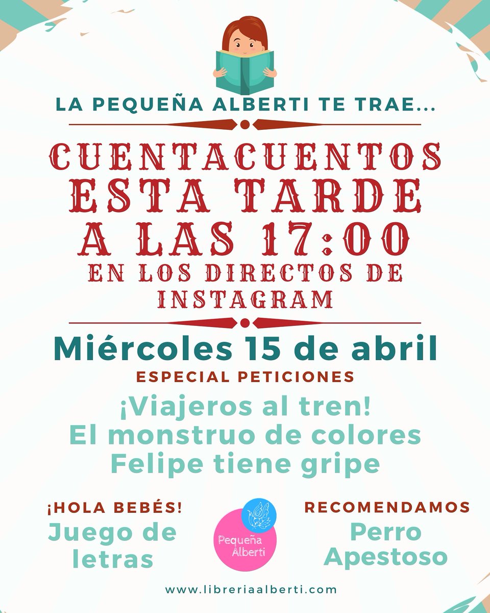LibreriaAlberti's tweet photo. Tenemos varias peticiones preparadas para hoy.
Contaremos:
🚂 ¡Viajeros al tren!
🌈 El monstruo de colores, para Ana
🤧 Felipe tiene gripe, para Oliver
👶🏻 ¡Hola, bebés! ➡️ Juego de letras
📚 Recomendamos ➡️ Perro Apestoso
#AlbertiADomicilio #PequeñaAlberti #CombelGeneration https://t.co/hFiPrP78VO