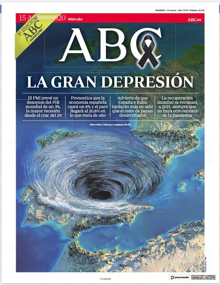 9. ABC front page this morning: Spanish economy disappears down a big hole, “the great depression”.