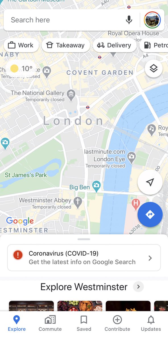 Next: Google Maps. @googlemaps have added a coronavirus information button on the “Explore” overlay (image 1) that links to Google’s coronavirus information hub in your phone’s browser (image 2).