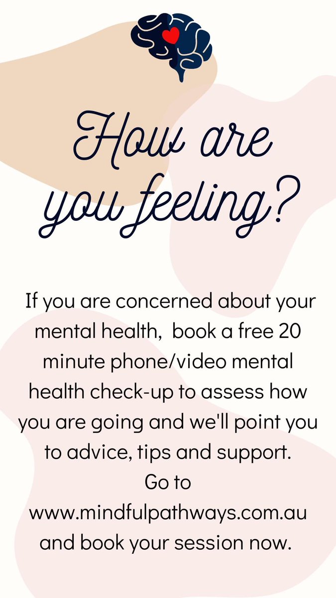 How are you feeling? ❤️

If you're concerned about how you're travelling during these challenging times, we are offering free 20-minute Mental Health Check-Ups. We will assist you to assess how you're managing, give you some tools, &amp; provide a brief Mental Health Check-Up report.