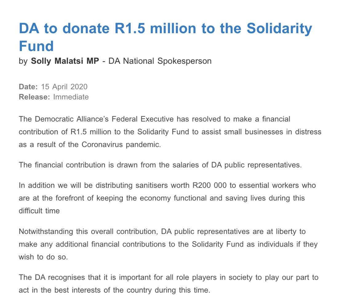 SollyMalatsi's tweet photo. The @Our_DA will be donating R1.5 million to the Solidarity Fund. Details 👇🏿👇🏿👇🏿 https://t.co/9QfJQw71hF