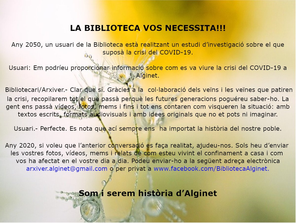 BiblioAlginet's tweet photo. La #Biblioteca i #Arxiu vos necessiten. Anem a recopilar tot tipus de material sobre el #COVID19 a #Alginet Necessitem la vostra col·laboració i que sigueu atrevits per contar-nos la vostra experiència de confinament. https://t.co/K8Lcf5jGJ2