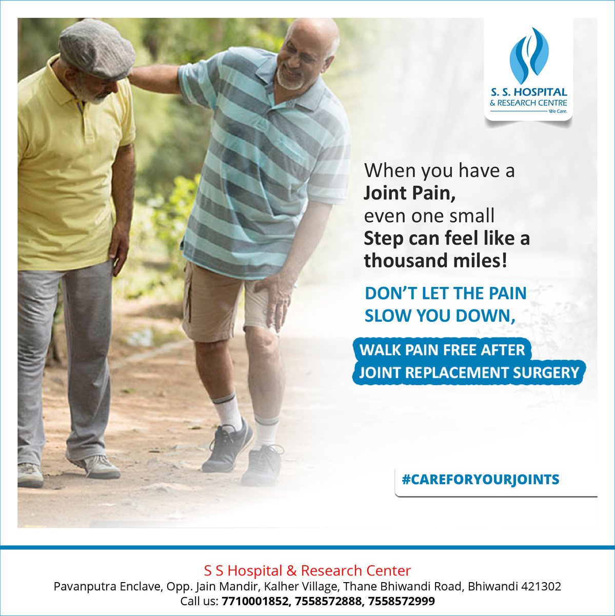 SS_HOSP's tweet photo. Don't let your pain slow you down in life. A joint replacement surgery at SS Hospital will give you a pain-free life.
#careforyourjoints #jointsurgery #SSHospital https://t.co/1dr5lVkHoM