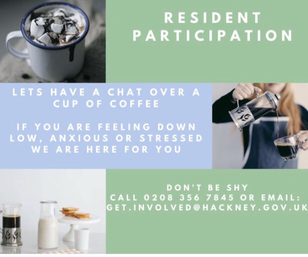 my_hackney's tweet photo. The Resident Participation team for @hackneycouncil housing services are here to help those isolated on our estates. If you’re low, anxious or stressed and could do with a chat please contact us on 0208 356 7845 or email get.involved@hackney.gov.uk https://t.co/ofF5uMrPCJ