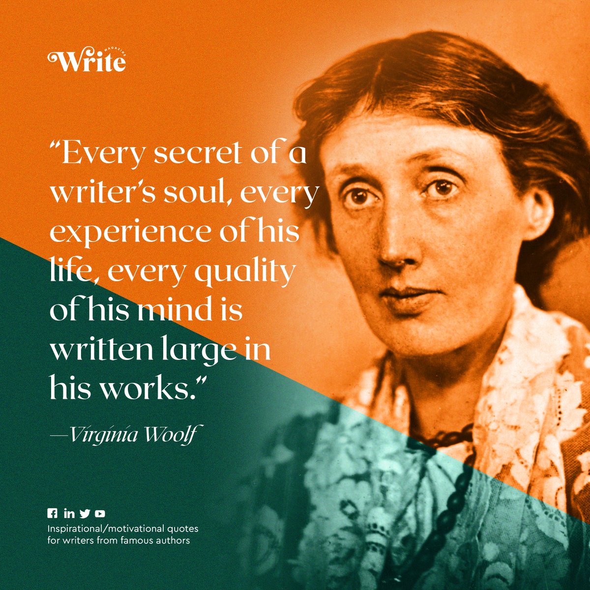 WriteMagazine_'s tweet photo. “Every secret of a writer’s soul, every experience of his life, every quality of his mind is written large in his works.”

- Virginia Woolf

#QualityOverMatter
#writemagazine
#writemag https://t.co/rvY7rKZbpm