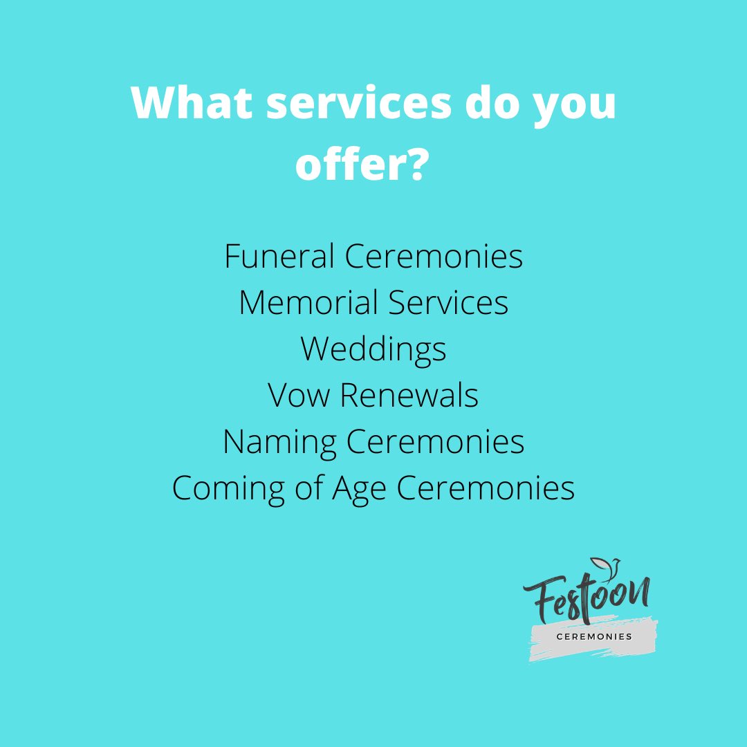 What services does @FestoonCeremony offer? 

#celebrant #independentcelebrant #funeral #wedding #naming #vowrenewal #follow #retweet #gloucestershire #oxford #bristol #worcestershire #buylocal #SupportSmallBusinesses