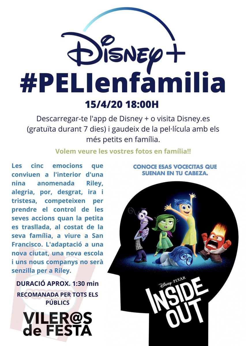 IvanEsCanari's tweet photo. @Maria_Lama Maria_Lama te dejo una recomendacion para esta tarde! Desde la asociación VILER@S de FESTA la veremos todos a la misma hora (18:00h) y misma peli! 😉Esperamos tu foto! Película Del revés! https://t.co/FmXC5591qI https://t.co/603XGxRPG5