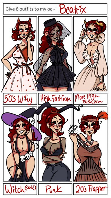 Here we have #6outfits for my OC Beatrix! I honestly had such an amazing time doing these. It's been tough drawing lately so I'm super happy I got to have fun with my girl ?? #oc #originalcharacter #6outfitsmeme 