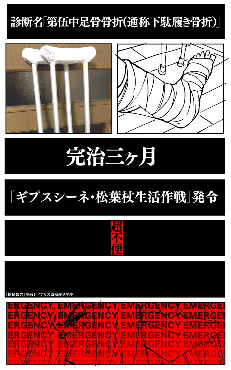 【某エヴァン〇リオン風レポ】
骨折から15日目、病院へ。
カカトでの歩行許可が出ましたわ。
でも歩きづらいし痛いので外はまだ無理ですわね…我慢? 