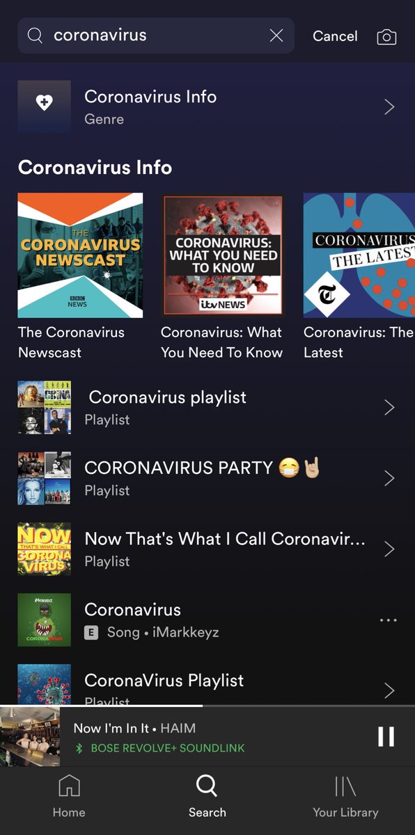Next:  @Spotify.Spotify, the music streaming service, doesn’t feature any information across its main tabs (checked 15/04) but queries for “coronavirus” or “COVID19” return a result for “Coronavirus Info” (images 1 & 2) which leads to information and the  @WHO website (image 3).