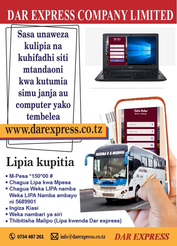 Na huu mlipuko mkubwa wa virus vya korona,Tupunguze msongamano kwenye vituo vyetu vya kukatia Tiketi,cha kufanya kutumia simu janja au computer tembelea dar-express.co.tz fanya booking ya safari yako,lipia nauli chagua siti kisha subiri siku safari.
Tupigie +255754487261.