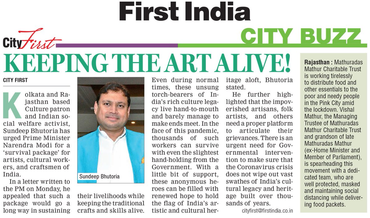 essbeeindia's tweet photo. Mr. @SundeepBhutoria featured by @1stIndiaNews on his letter to Hon'ble Prime Minister, Shri @Narendramodi, requesting his attention to work out a survival package for the impoverished folk artisans, craftsmen and performers of India. #CareForCulture @PMOIndia https://t.co/bfvaNK7LSW
