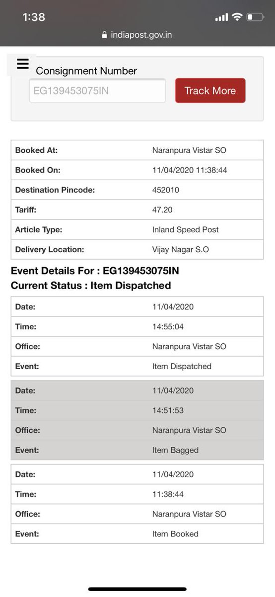 Pranay__Gupta's tweet photo. @PMOIndia @ChouhanShivraj Sir I want to get medicines from Ahmedabad, it is for a cancer patient, postal services over there are not being able to send it here, the speed post hasn’t left Ahmedabad. Need help, it’s really urgent. Article No: EG139453075IN (Inland Speed Post) https://t.co/8hOZ4DNFo0