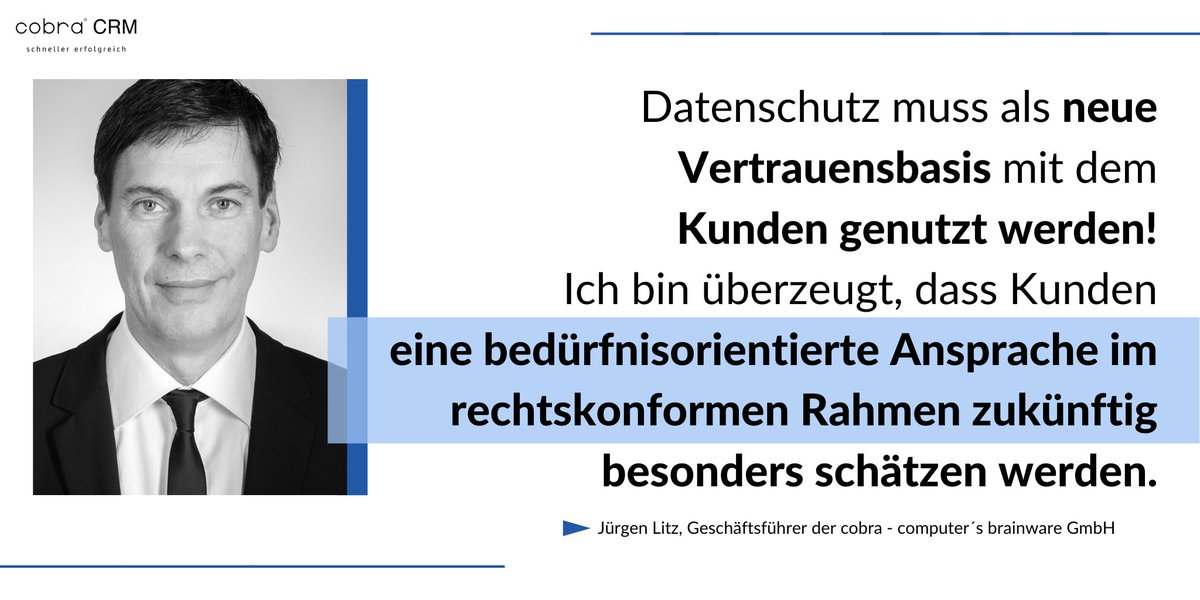 cobraCRM's tweet photo. Konsequenter und rechtskonformer #Datenschutz 🔒 sollte als Vertrauensbeweis gegenüber dem Kunden genutzt werden – das sagt unser Geschäftsführer @juergenlitz. 🤝 #cobra #CRM #cobraCRM #Kundenbeziehungsmanagement #DSGVO #DATENSCHUTZready https://t.co/qRPMgc2oKm
