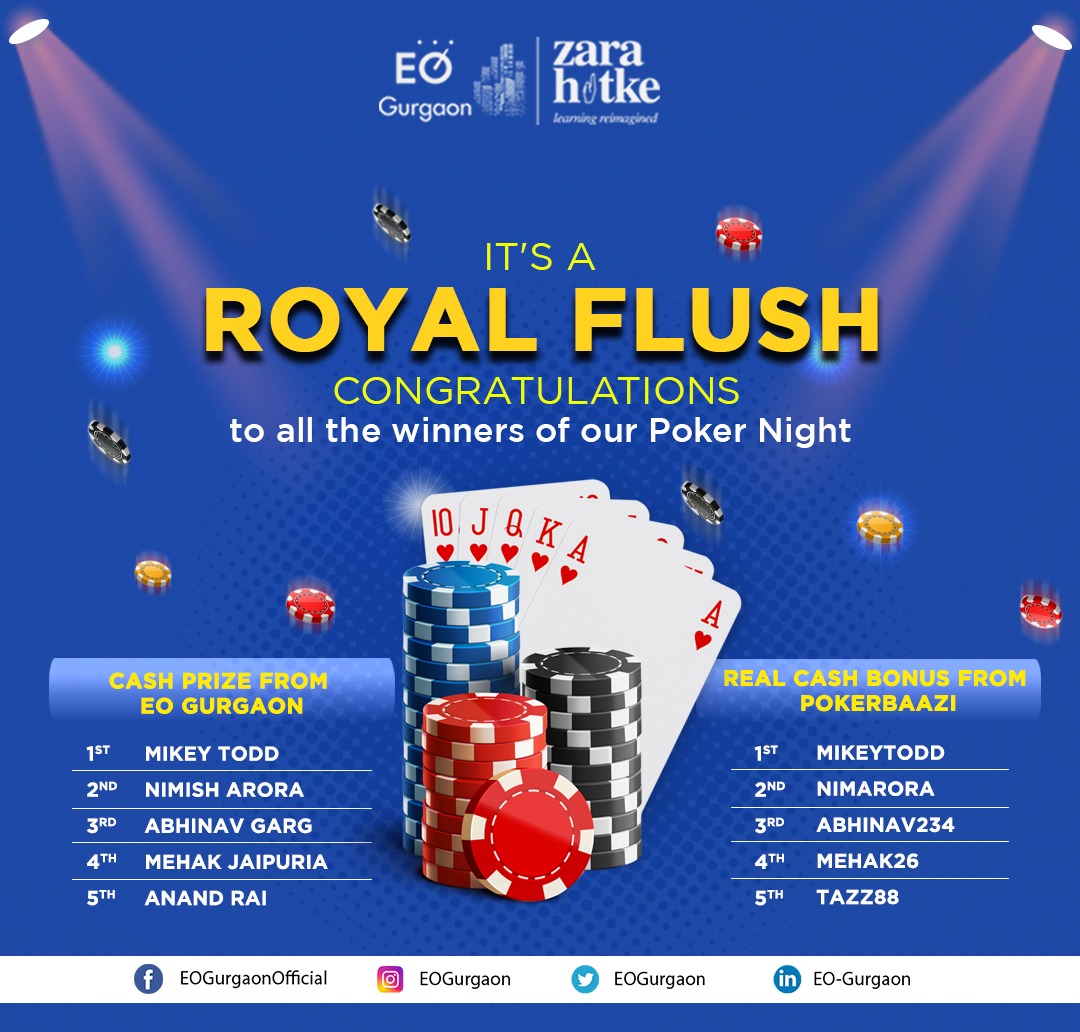 A night of fierce competition and intensive gameplay ended with some massive winnings by our players. Kudos to all the participants for making this a action-packed night!

#EOGurgaon #Poker #WorkfromHome #ZaraHatke #EOSA #EOSouthAsia #ZaraHatke #Entrepreneur #EO
