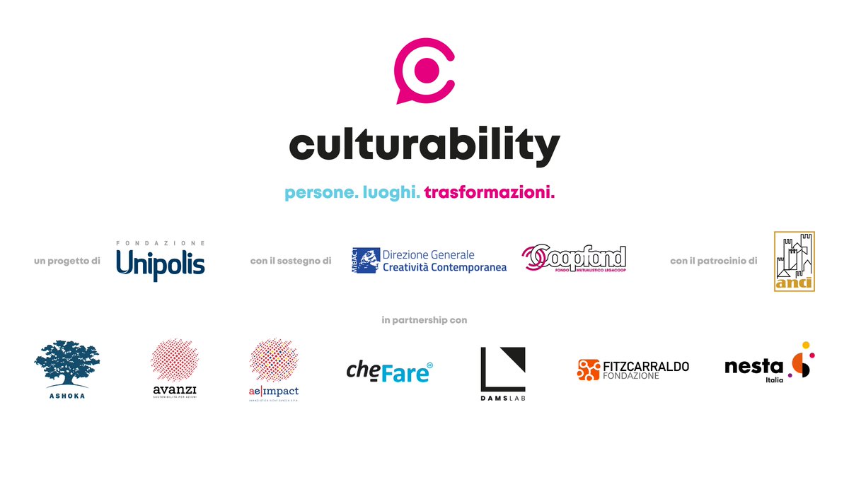 #culturability6 è promosso da #Unipolis in collaborazione con un’ampia rete di partner - portatori di visioni e competente differenti - che ringraziamo per la fiducia e la cooperazione.
<a href="/larobbi/">Roberta Franceschine</a> <a href="/CsrMarisa/">Marisa Parmigiani</a> @UnipolGroup_PR @UnipolSai_CRP