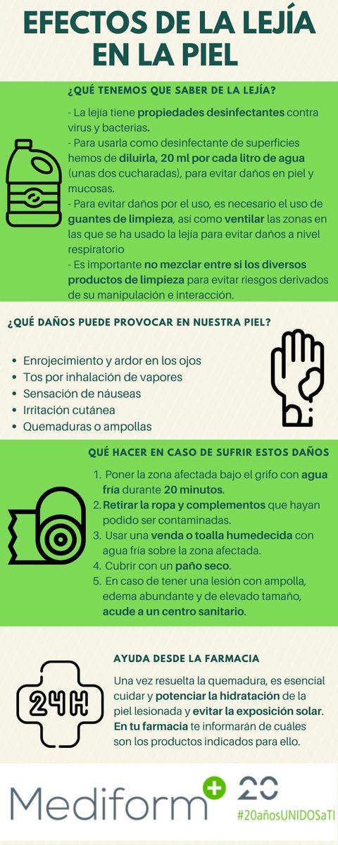 mediformplus's tweet photo. La necesidad de desinfección continuada y periódica tanto personal como en el hogar, hace que nuestra piel tenga consecuencias.

Te contamos los efectos de la lejía, cómo evitar sus daños y cómo cuidar la piel en tiempos de #COVID19  

#Mediformplus #20añosUNIDOSaTI #farmacias https://t.co/L3VO29RHoV
