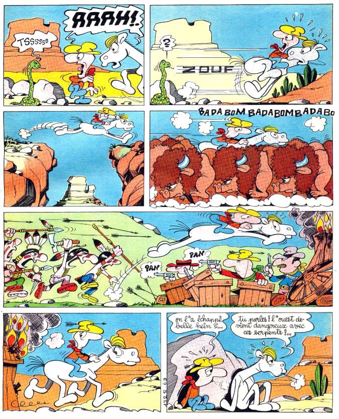 Horace, cheval philosophe, une sorte de Jolly Jumper qui aurait pris l’ascendant sur Lucky Luke, est acompagné de son cow-boy chauve sans nom, seulement appelé gros nez par les indiens. Les aventures tiennent sur une page