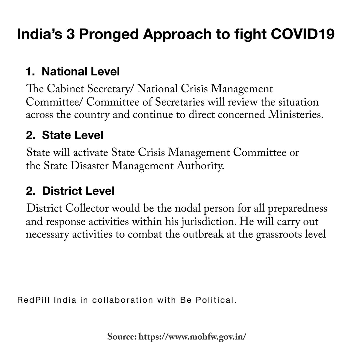 India's 3 Pronged Approach to fight COVID19National Level, State Level, District Level.