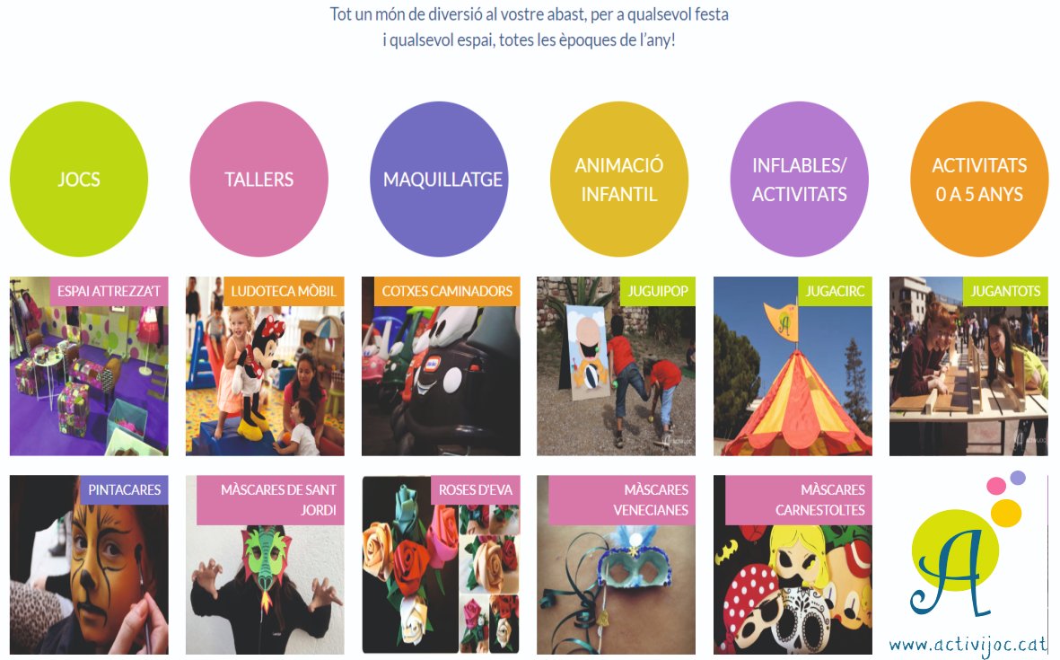 activijoc's tweet image. Fes-li una ullada a la NOVA WEB! activijoc.es hi trobaràs totes les nostres activitats, jocs, tallers, animació infantil, espais,..  amb tota la informació necessària i imatges. 
Desitjo que t'agradi 😉