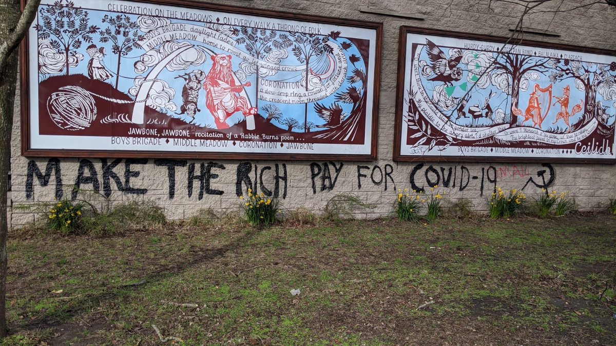 antichiprofumi's tweet photo. “MAKE THE RICH PAY FOR COVID-19” graffiti in Albuquerque, Edinburgh, London and New York. https://t.co/IihfC3tsh4