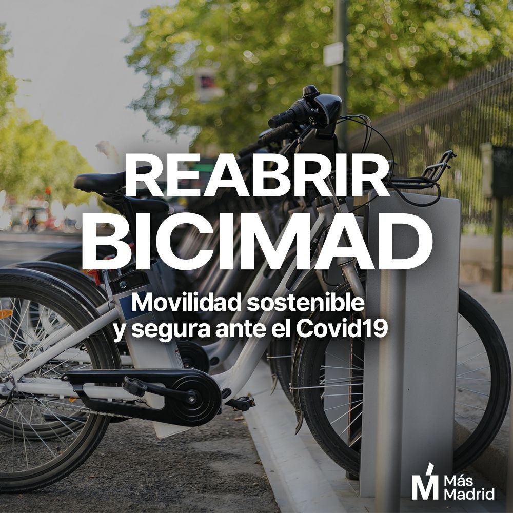 La OMS recomienda el uso de la bici para garantizar el distanciamiento social en la movilidad. Señor <a href="/AlmeidaPP_/">José Luis Martínez-Almeida</a> es urgente la reapertura de <a href="/BiciMad/">bicimad</a> Todas las ciudades de nuestro entorno mantienen los sistemas de bici pública #EnBiciContraCovid19