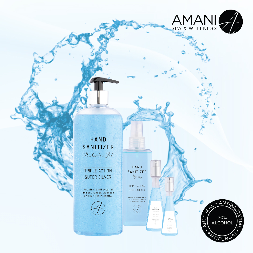 Amani Spa &amp; Wellness - Triple Action Super Silver Hand Sanitizer Range with 70% alcohol content.


Call, email or WhatsApp us to place your order: 
Telephone: 076 680 2918
Email: info@amanispas.co.za 

*These products are registered as essential goods*