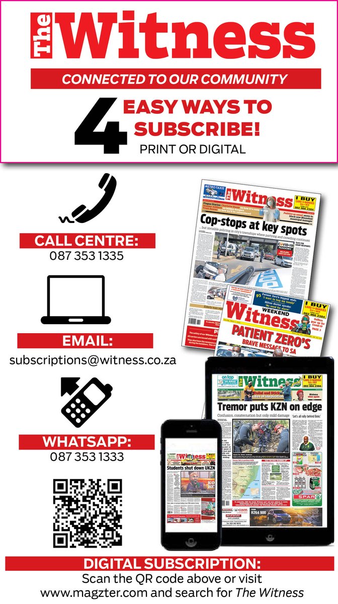 WitnessKZN's tweet image. WANT TO SUBSCRIBE TO THE WITNESS? THERE ARE 4 EASY WAYS TO DO SO.

Subscribe to The Witness today for print, or digital (or both).

All the subscription sign-up information is below.