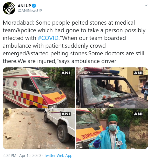 All attacks gets documented in this age of technology.  #IndiaDoctors, Medical Staff, Ambulance and other vehicles attacked with stones and rods near Haji Nek Masjid, Moradabad  #Corona