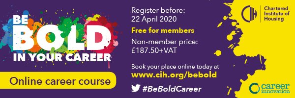 CIHhousing's tweet image. CIH members! You've got just one week left to book your FREE place on our April 'Be Bold in Your Career' course with @careerinnovator. 

Register today to take time to reflect and inject some inspiration into your career. #proudtobeprofessional

ow.ly/dqVf50z38XE