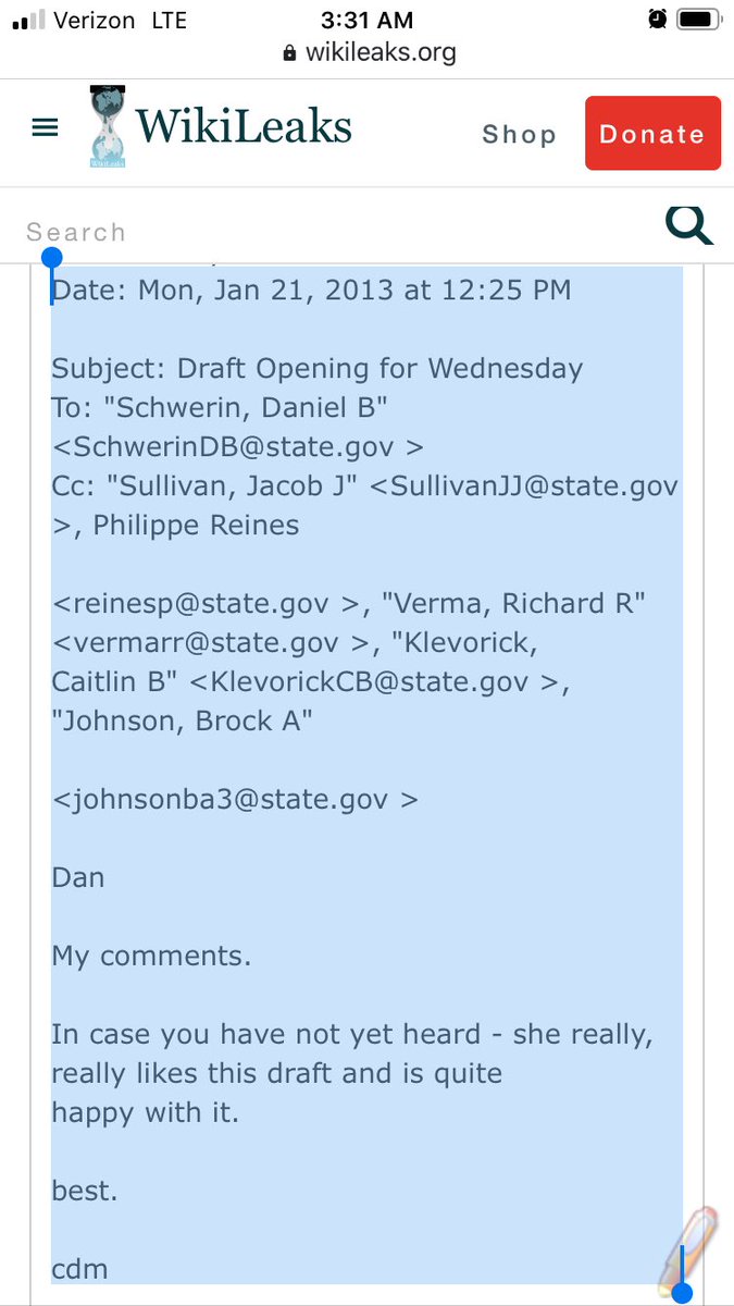 At a minimum, the Wikileaks email exchange shows that the four, along with other State Department employees, were provided with a copy of the article two days prior to it being published for review & editing. Some noteworthy comments appear within the Wikileaks exchange: