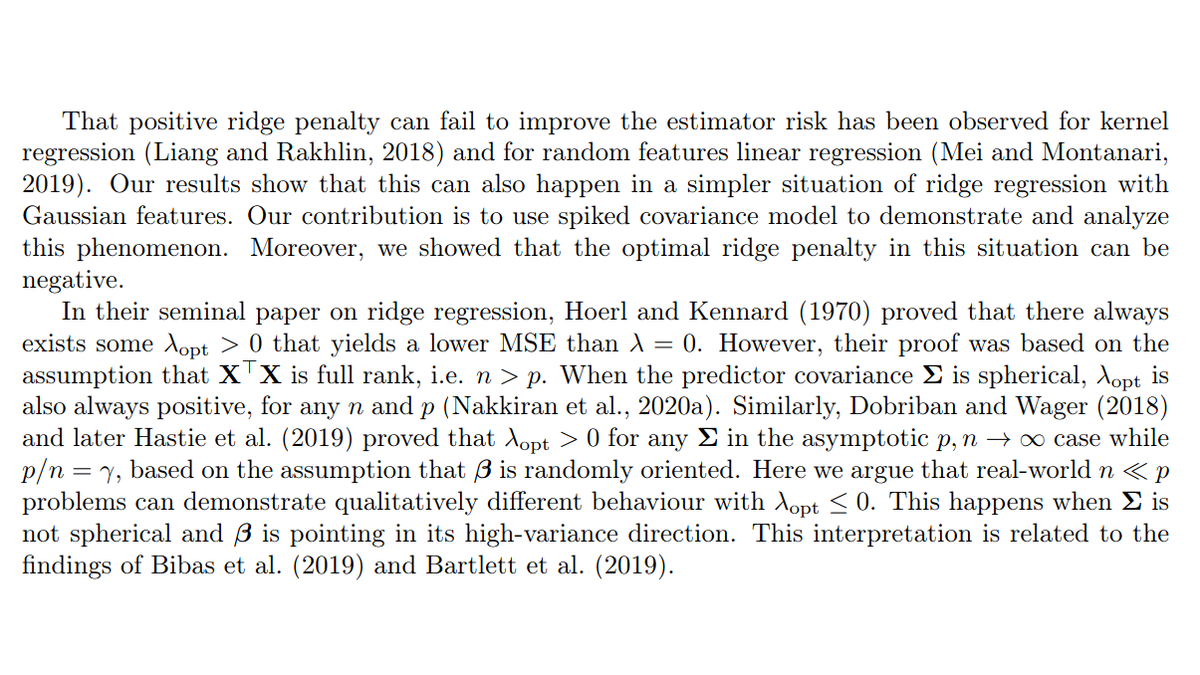 Some related recent/parallel work: Hastie et al. 2019, Mei & Montanari  @Andrea__M 2019, Nakkiran  @PreetumNakkiran et al. 2020. Also Liang & Rakhlin 2018 on ridge penalty in kernel methods. See our Intro/Discussion for many more references. END. [8/8]