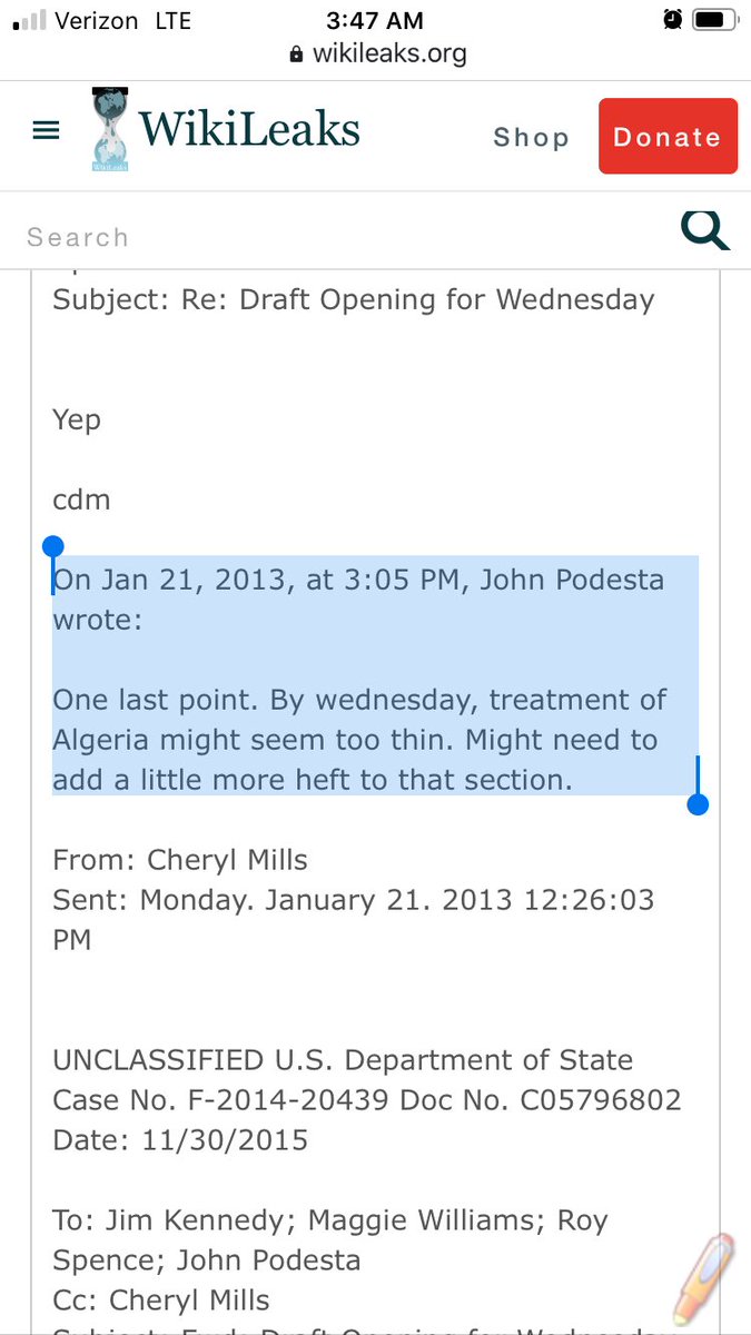 In the actual Yahoo story published two days following the Wikileaks email exchanges, references to Algeria do appear, however in a tone far less critical of Secretary Clinton, with Rep. Royce’s comments removed from the article entirely, apparently at John Podesta’s discretion.