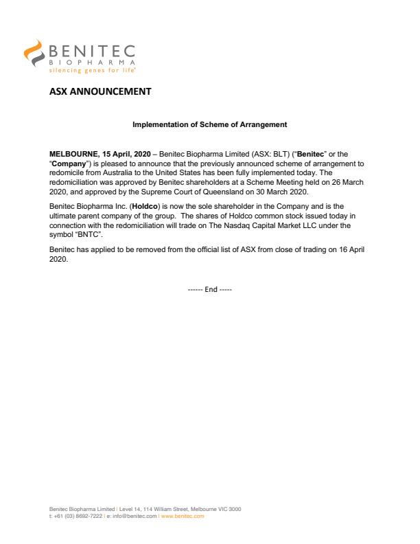 Benitec Biopharma Inc. tweet media