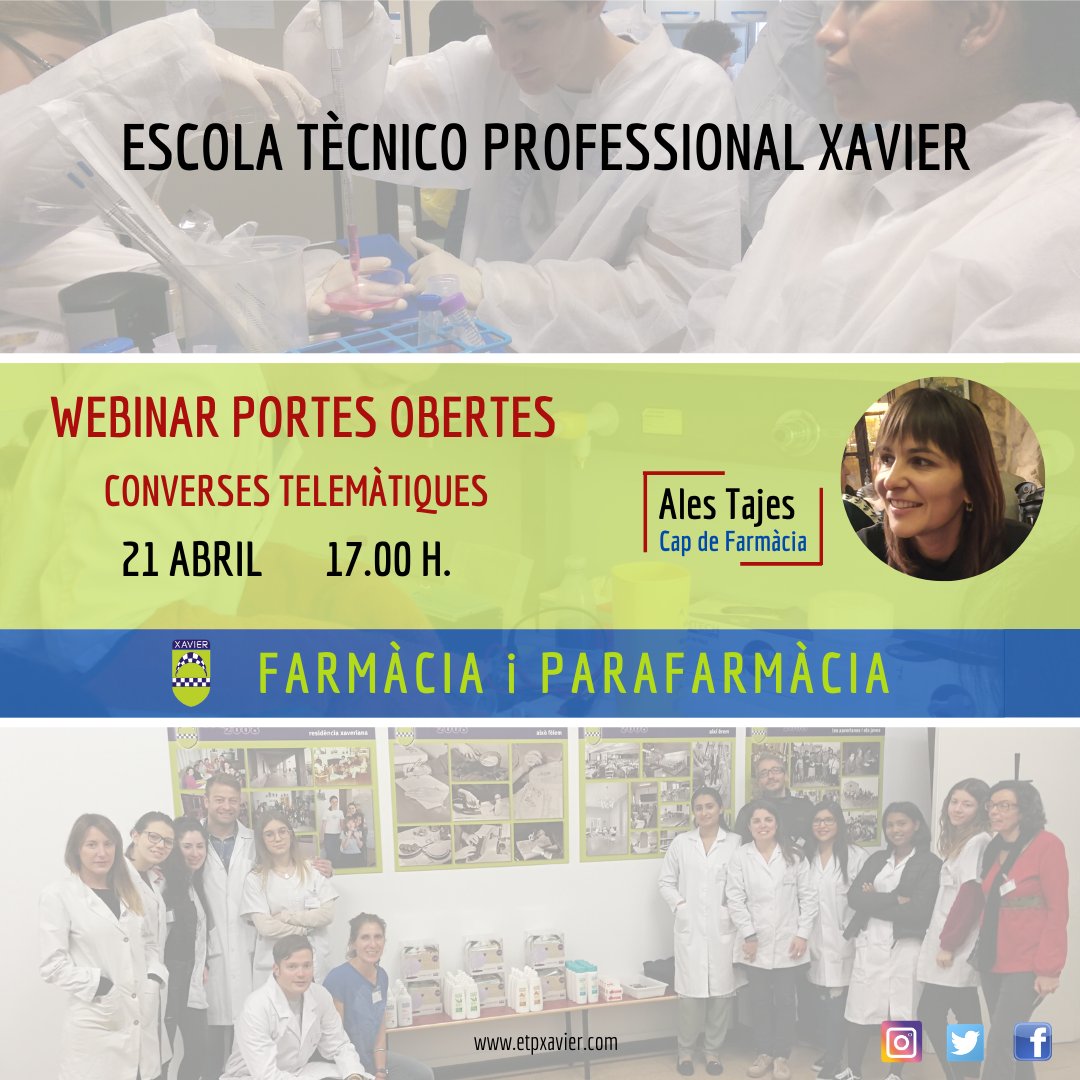 ETP Xavier on X: El proper dimarts 21 Abril 17h farem una #webinar per  explicar-vos com organitzem el nostre #CFGMFarmàcia. Si estàs  interessatda, inscriu-te! t.conog41tMMC0 T'esperem  @FEFAC_farmacia @EscolaCristiana @fpdualceb @Clickedu ...