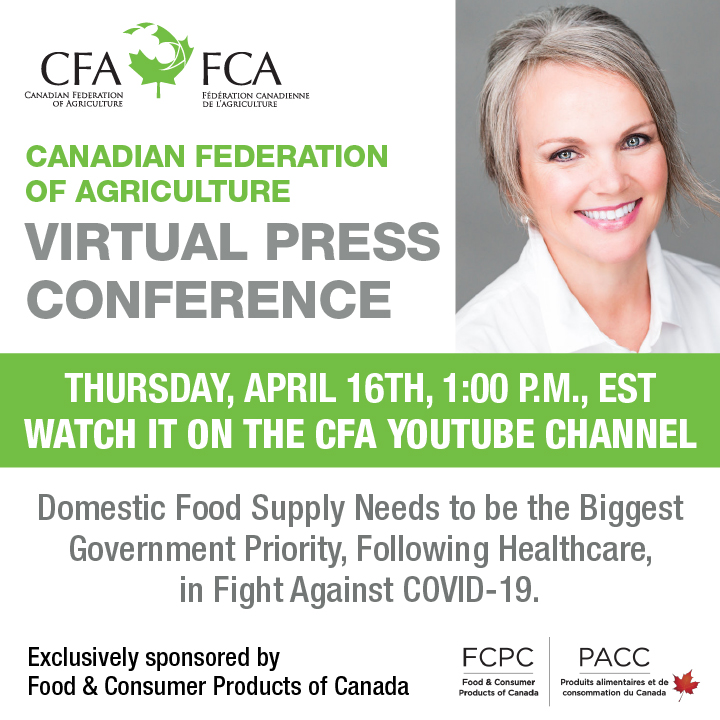 CFAFCA's tweet photo. CFA is hosting an IMPORTANT Virtual Press Conference tomorrow - Thurs. April. 16th at 1:00pm (EDT) re: domestic food supply as a critical priority for Canada. Help us spread the word. #domesticfoodmatters

Link goes live at 1:00pm - https://t.co/iJiA00gpSe https://t.co/apRvhs82aV