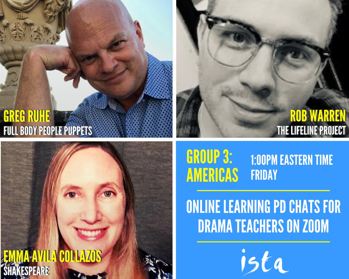 ista_global's tweet image. Another fabulous Friday session coming your way! Click this link for full workshop details and bios. bit.ly/Group3Americas #share_ista #remotelearning #RemoteLearningChat #teacherpd #dramaedu #ArtsEd #dramamatters