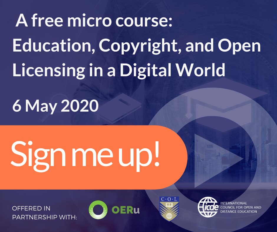 RESERVE YOUR SEAT!
☝️☝️☝️
This professional development opportunity is open for all educators.

Participants will gain free access to the competency test to earn the Certificate of Competency in Copyright and Creative Commons Licensing.

icde.org/icde2020-lida1…

#Openeducation