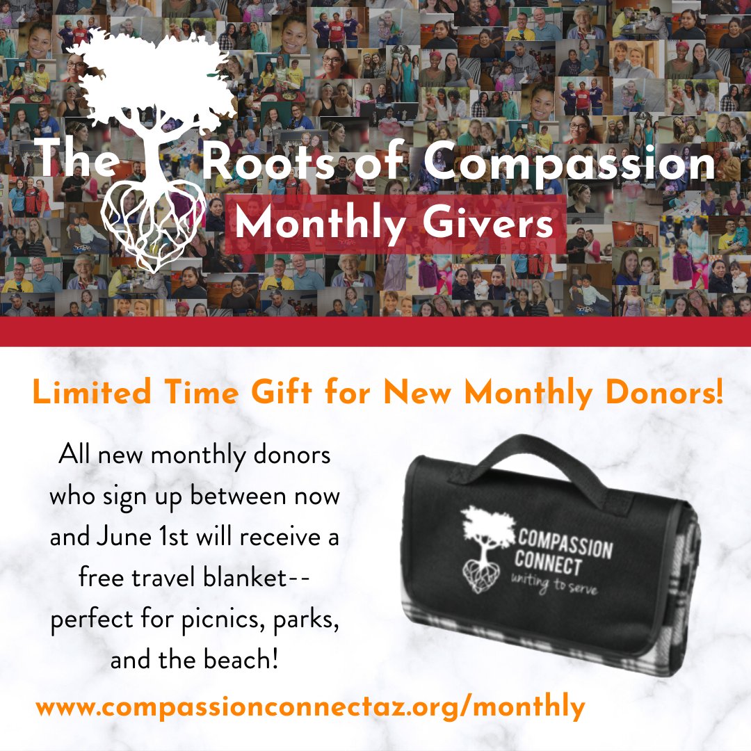 As a reminder! Now until June 1st, if you sign up to be a monthly donor you will receive an awesome blanket from us as a thank you for your continued support!

compassionconnectaz.org/monthly/