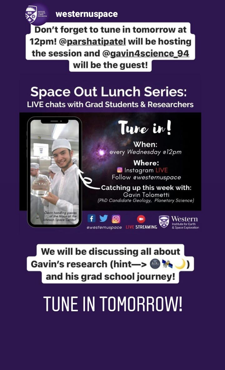 See me live on <a href="/westernuSpace/">Institute for Earth and Space Exploration</a> first Space Out Lunch in 10 minutes! Watch on Instagram or Facebook

facebook.com/westernuSpace/