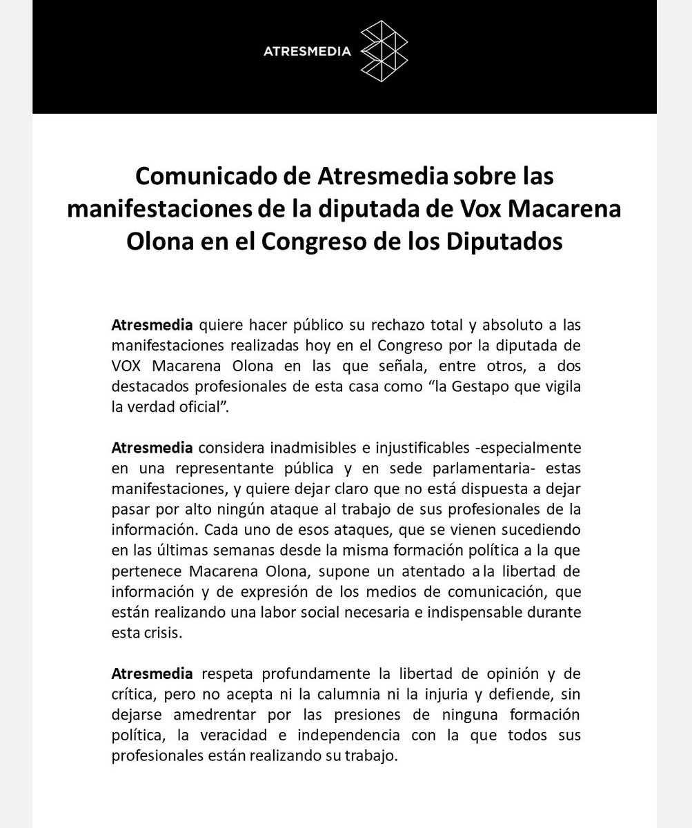 ATRESMEDIA presenta un comunicado contra la diputada Macarena Olona