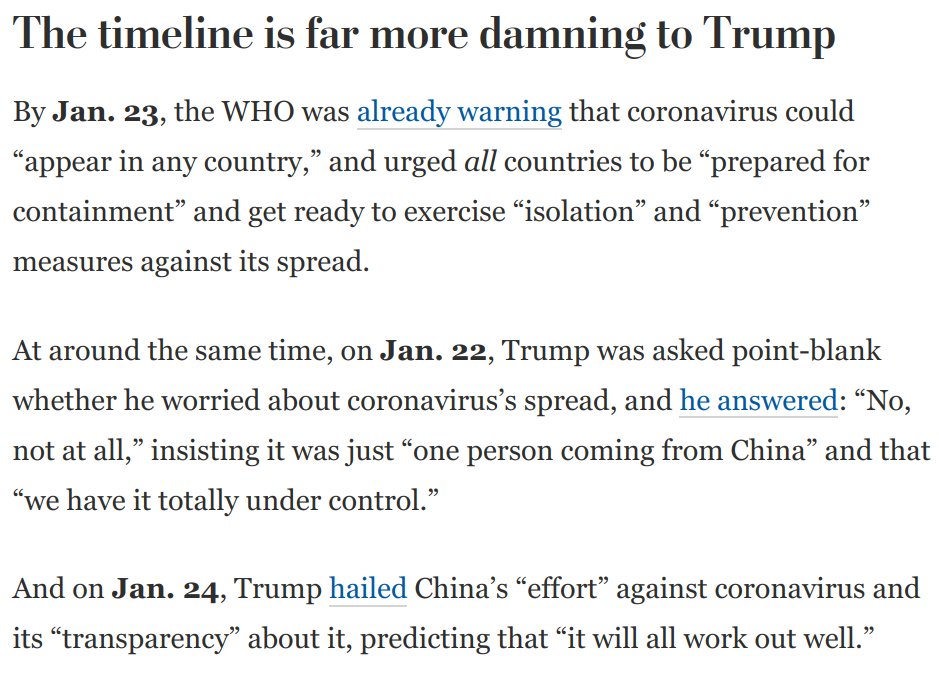 The timeline reveals two damning facts:* Trump showed less concern about coronavirus spreading outside China than WHO did* Trump showed the same credulity about China he now faults WHO for showing, but without appreciating the urgency of the threat https://www.washingtonpost.com/opinions/2020/04/15/trumps-ugly-new-blame-shifting-scam-spotlights-his-own-failures/