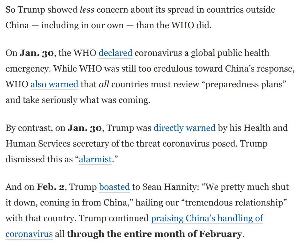 The timeline reveals two damning facts:* Trump showed less concern about coronavirus spreading outside China than WHO did* Trump showed the same credulity about China he now faults WHO for showing, but without appreciating the urgency of the threat https://www.washingtonpost.com/opinions/2020/04/15/trumps-ugly-new-blame-shifting-scam-spotlights-his-own-failures/