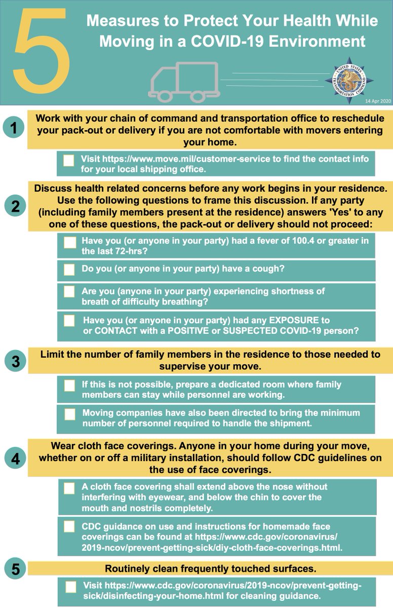 US_TRANSCOM's tweet photo. During the #COVID19 stop-movement orders, the Services continue to move some household goods. These 5 measures protect your health while moving in a #COVID19 environment. Visit https://t.co/8KJ5pY1Z7D for the latest guidance. @DeptofDefense @USArmy @usairforce @USMC @USCG @USNavy https://t.co/GsotHte5fE