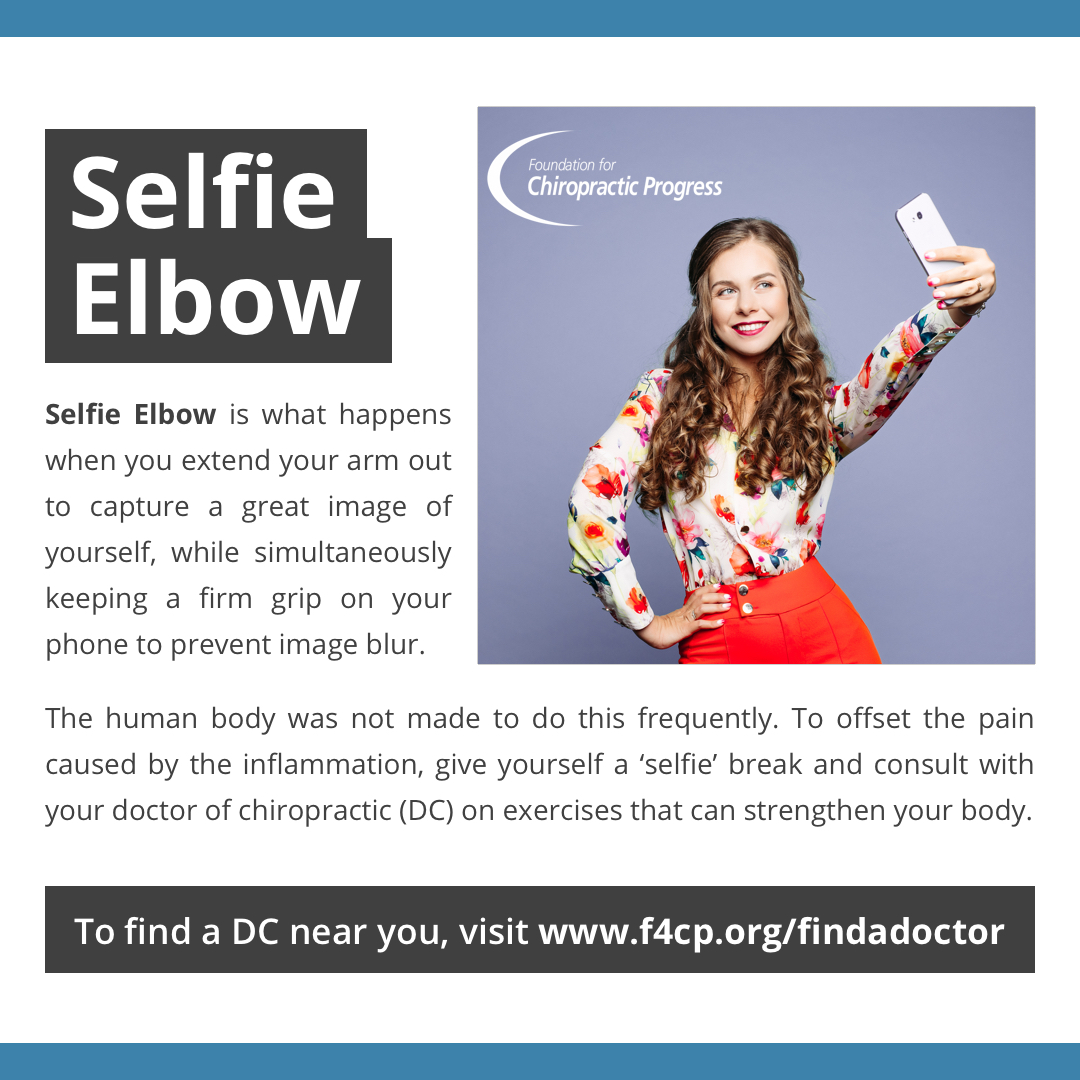 F4CP's tweet image. Selfie elbow can be painful. Check with your doctor of chiropractic on tips to enhance ergonomics and strengthen your body.
#ThinkChiropractic