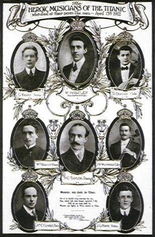Their names: Theodore Ronald Brailey, Roger Marie Bricoux, John Frederick Preston Clarke, Wallace Hartley, John Law Hume, Georges Alexandre Krins, Percy Cornelius Taylor, John Wesley Woodward.
