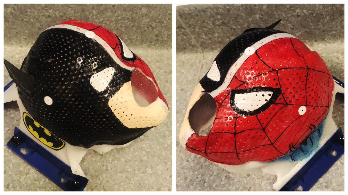 lobke_marsden's tweet photo. One of the smallest #radiotherapy masks I’ve ever painted. 
As requested, half Batman half Spider Man for a 3 year old boy. 🦇🕷❤️
#childhoodcancer #NHS https://t.co/jjd7LggJYb